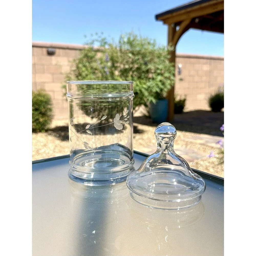 Princess House Heritage Crystal Glass Apothecary Jar w/ Lid Etched Glass 8 1/4